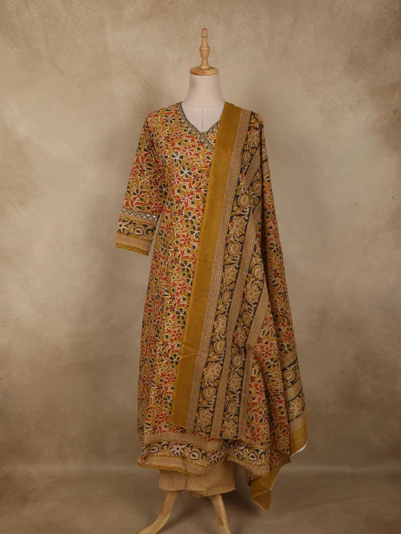 Mustard Yellow Floral Printed Design Cotton Salwar Suit With Dupatta 1