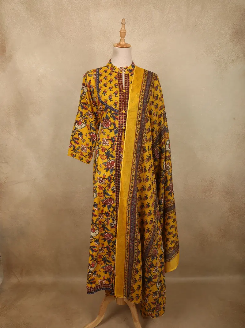 Mustard Yellow Floral Printed Design Cotton Salwar Suit With Dupatta 1