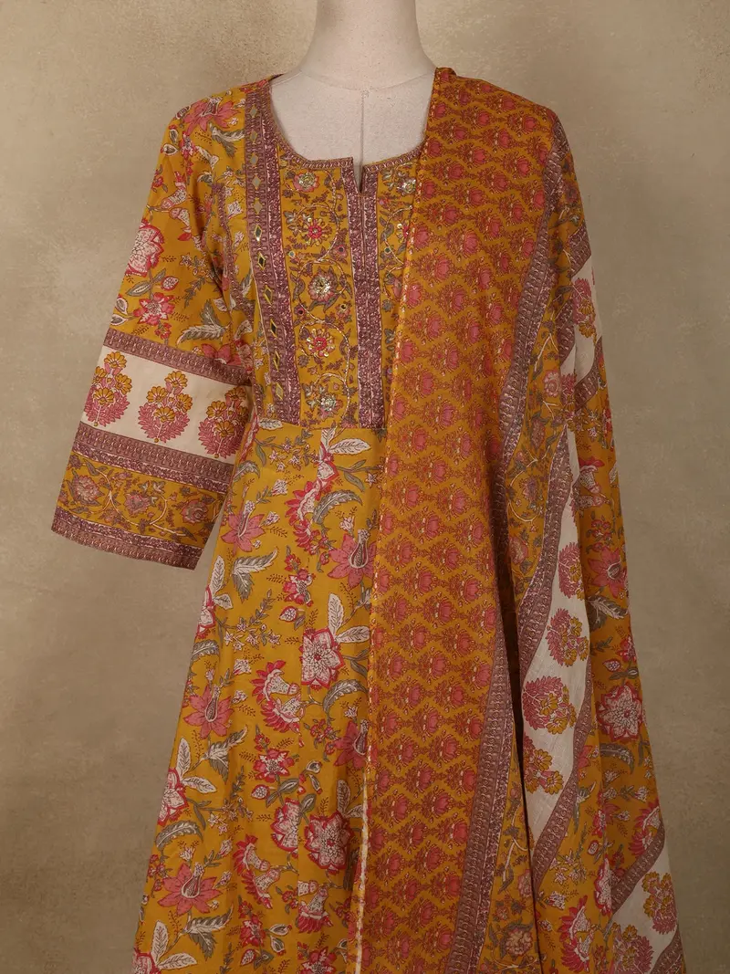 Mustard Yellow Floral Printed Design Cotton Salwar Suit With Dupatta 2