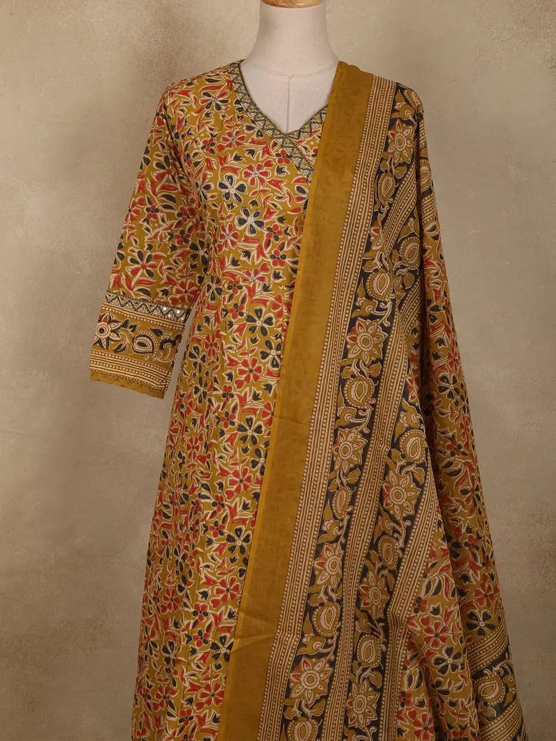 Mustard Yellow Floral Printed Design Cotton Salwar Suit With Dupatta 2