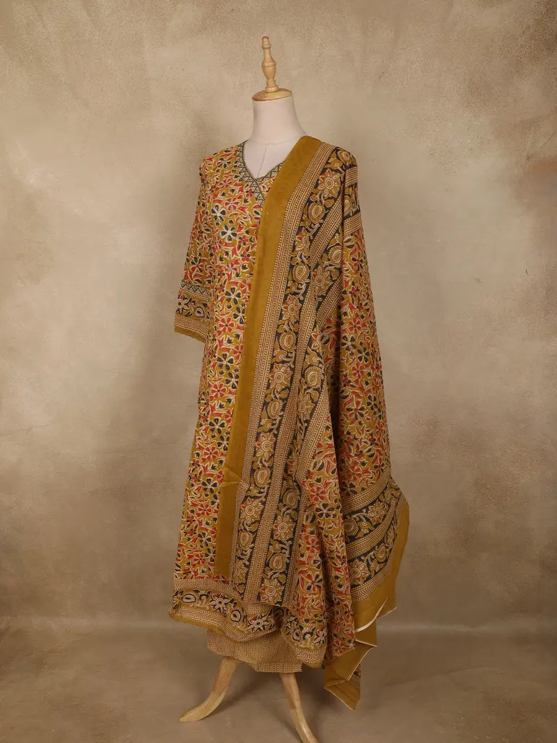 Mustard Yellow Floral Printed Design Cotton Salwar Suit With Dupatta 3