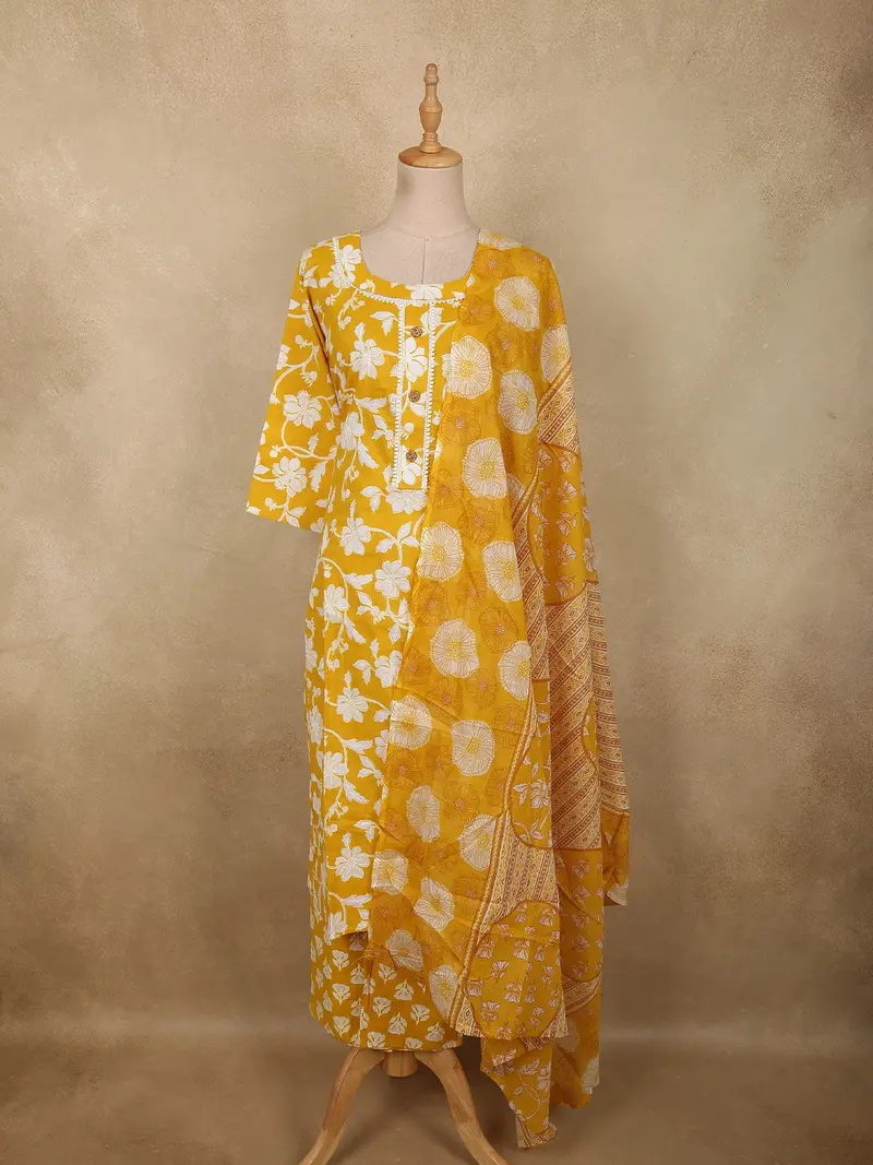 Mustard Yellow Floral Printed Design Cotton Straight Cut Salwar Suit With Dupatta 1