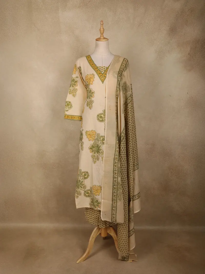 Mustard Yellow Floral Printed Design Cotton Straight Cut Salwar Suit With Dupatta 1