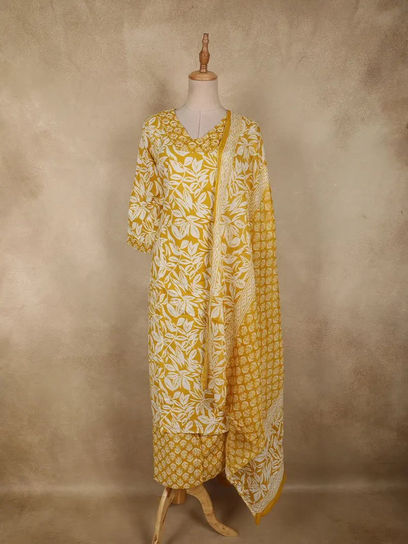 Mustard Yellow Floral Printed Design Cotton Straight Cut Salwar Suit With Dupatta 1