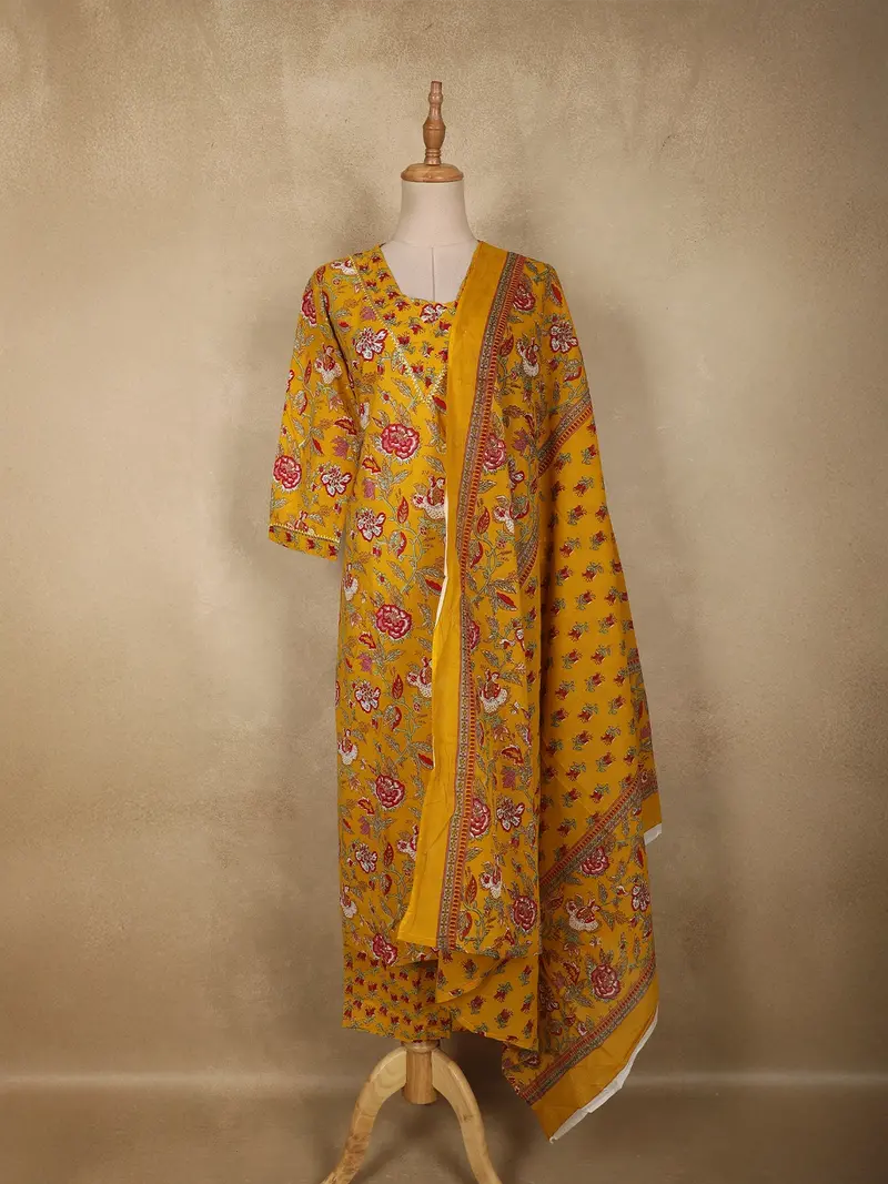 Mustard Yellow Floral Printed Design Cotton Straight Cut Salwar Suit With Dupatta 1
