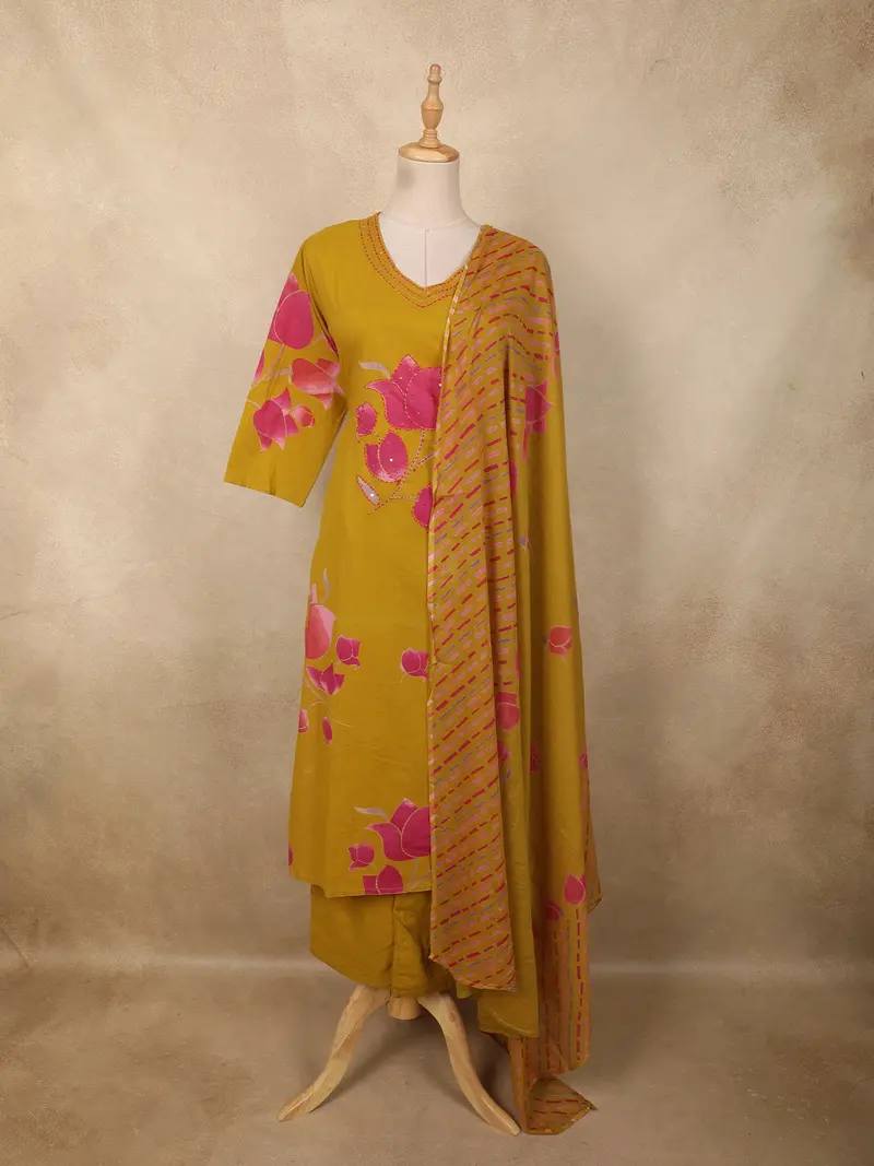 Mustard Yellow Floral Printed Design Cotton Straight Cut Salwar Suit With Dupatta 1