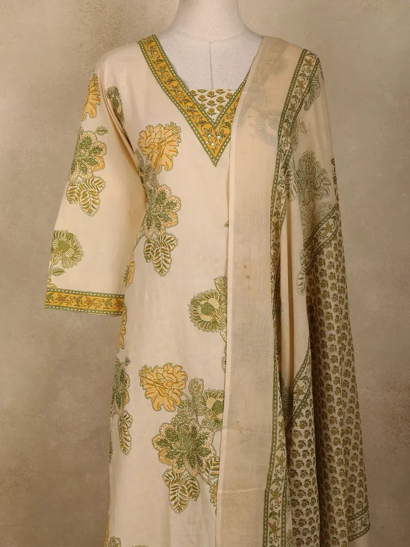 Mustard Yellow Floral Printed Design Cotton Straight Cut Salwar Suit With Dupatta 2