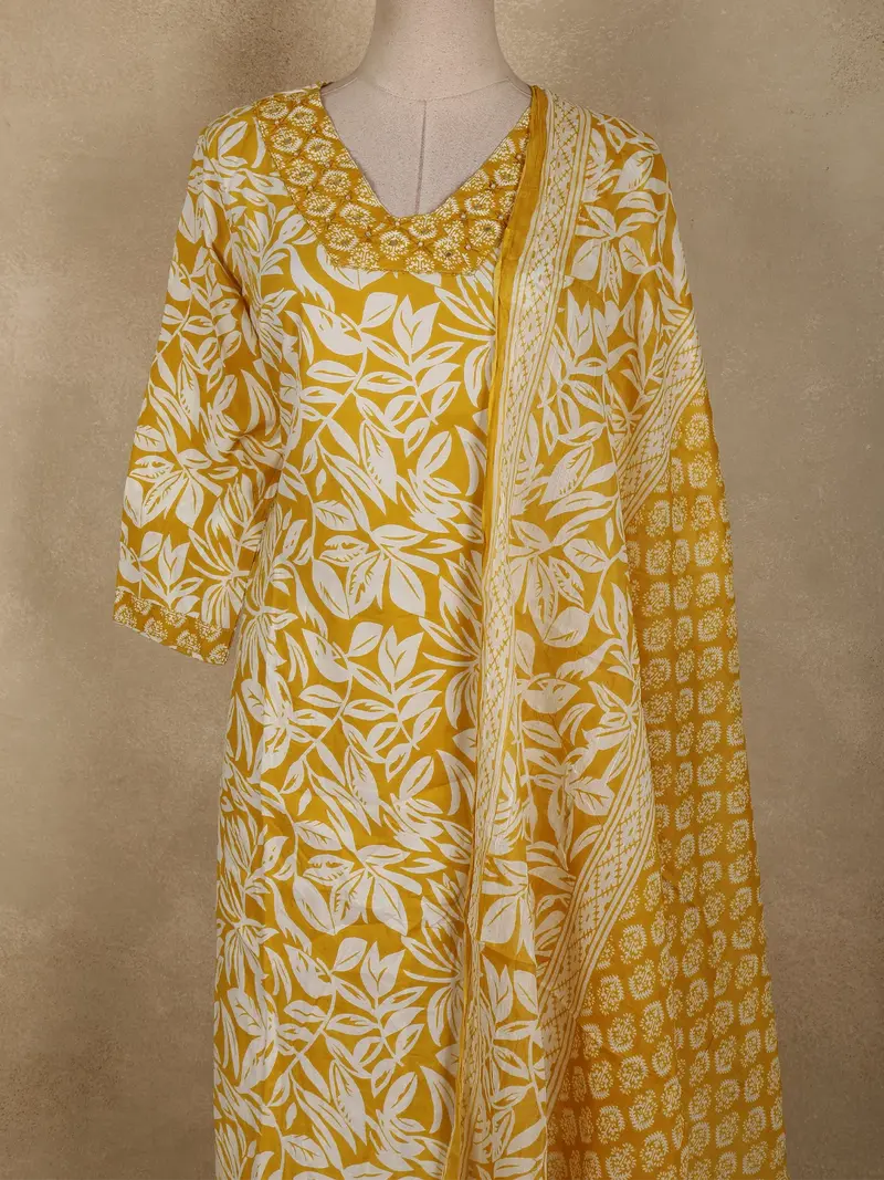 Mustard Yellow Floral Printed Design Cotton Straight Cut Salwar Suit With Dupatta 2