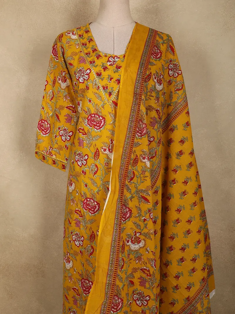Mustard Yellow Floral Printed Design Cotton Straight Cut Salwar Suit With Dupatta 2