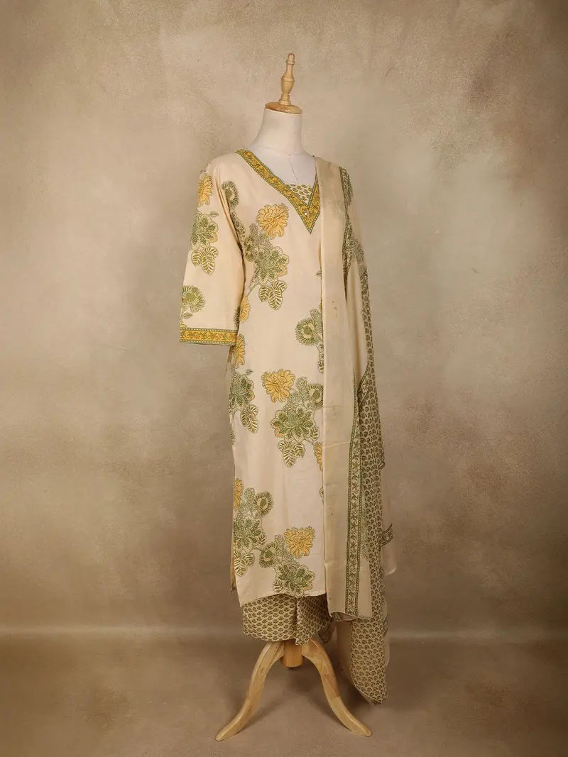 Mustard Yellow Floral Printed Design Cotton Straight Cut Salwar Suit With Dupatta 3
