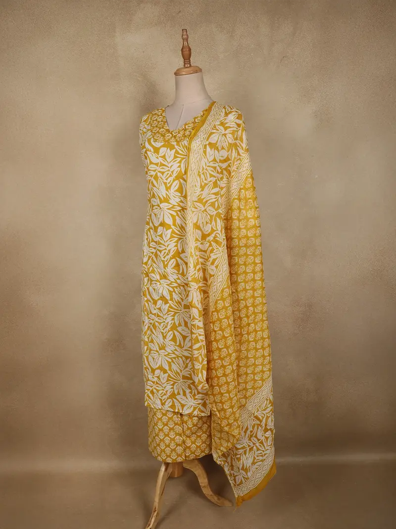 Mustard Yellow Floral Printed Design Cotton Straight Cut Salwar Suit With Dupatta 3