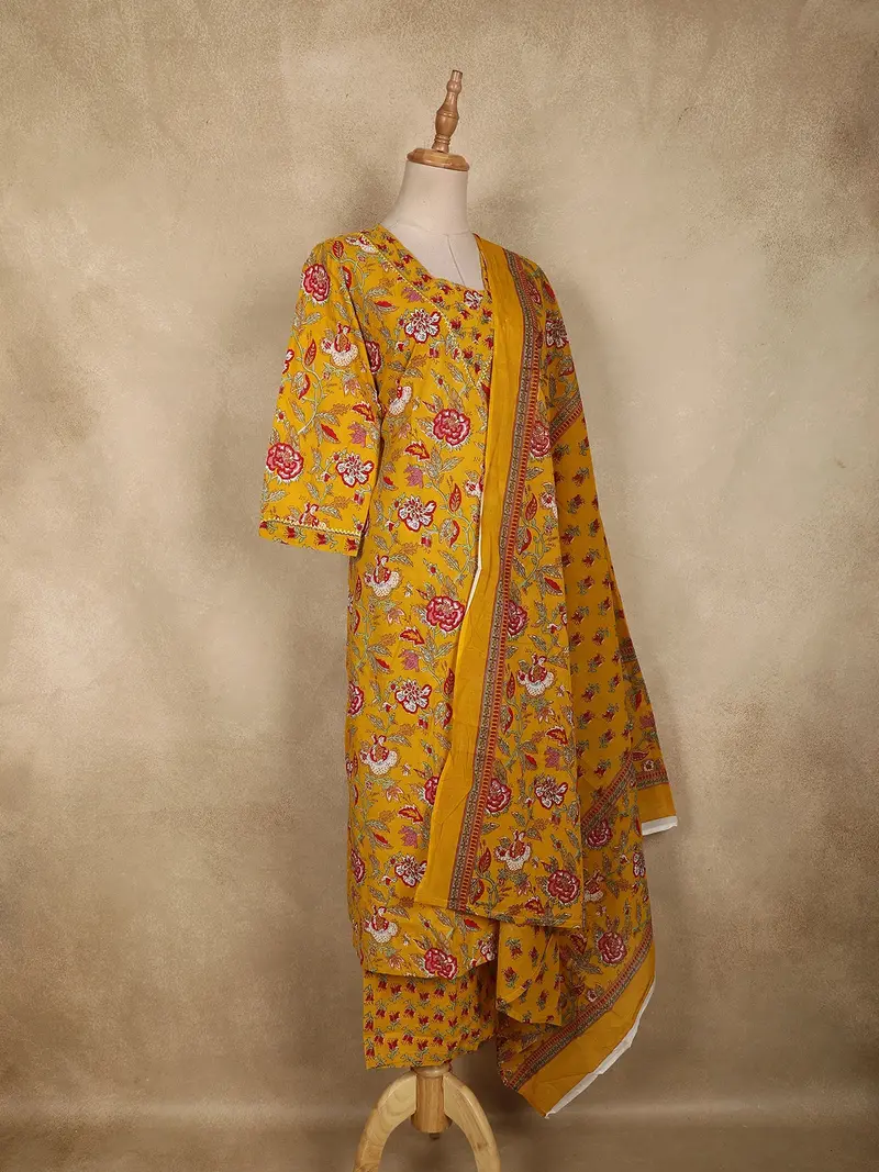 Mustard Yellow Floral Printed Design Cotton Straight Cut Salwar Suit With Dupatta 3
