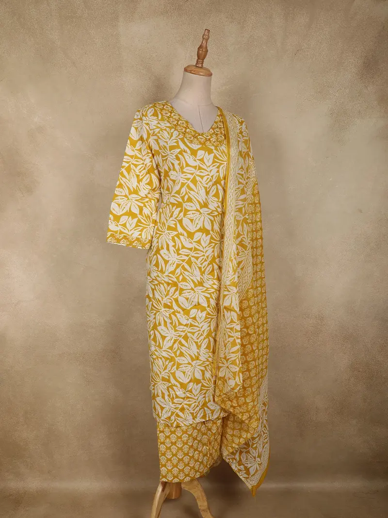 Mustard Yellow Floral Printed Design Cotton Straight Cut Salwar Suit With Dupatta 4