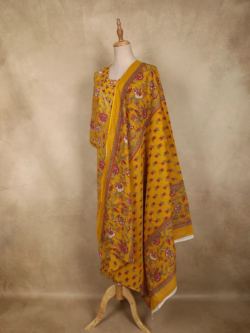 Mustard Yellow Floral Printed Design Cotton Straight Cut Salwar Suit With Dupatta 4