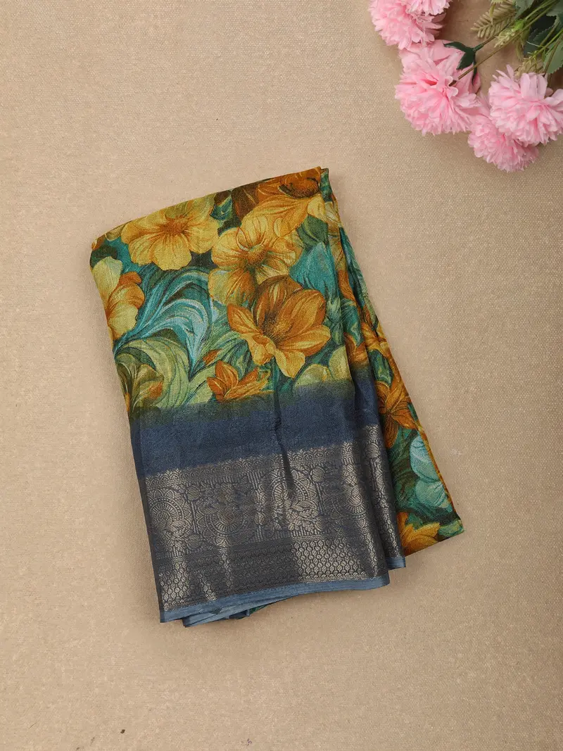 Mustard Yellow Floral Printed Design Crepe Silk Casual Wear Saree With Contrast Zari Border 1