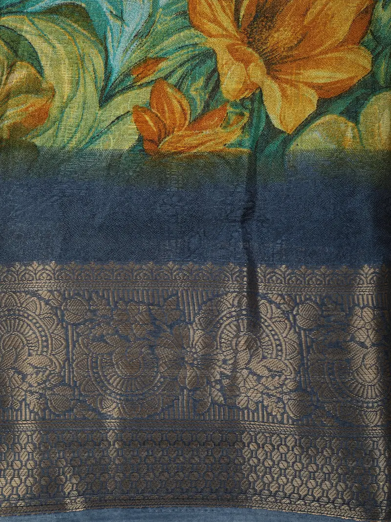 Mustard Yellow Floral Printed Design Crepe Silk Casual Wear Saree With Contrast Zari Border 2