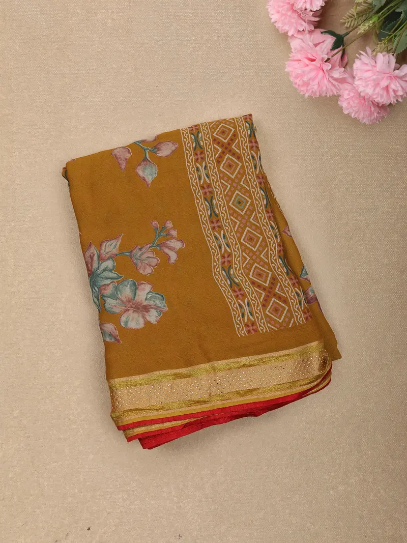 Mustard Yellow Floral Printed Design Georgette Fancy Saree 1