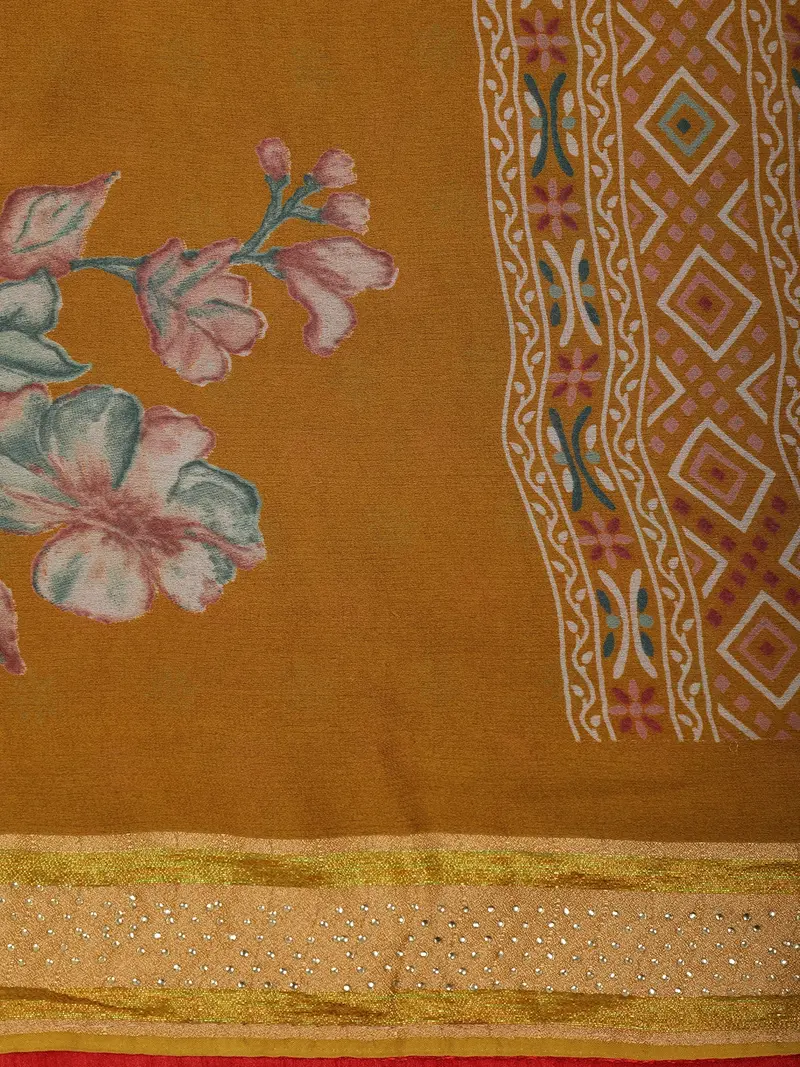 Mustard Yellow Floral Printed Design Georgette Fancy Saree 2