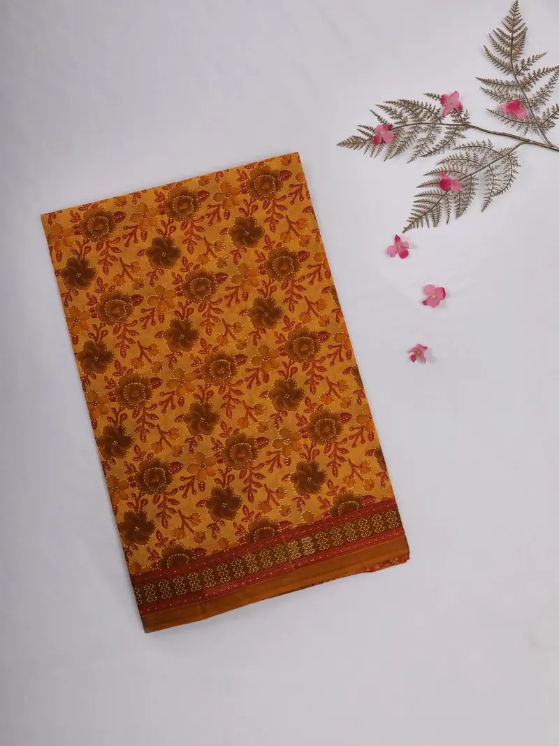 Mustard Yellow Floral Printed Design Karishma Cotton Saree 1