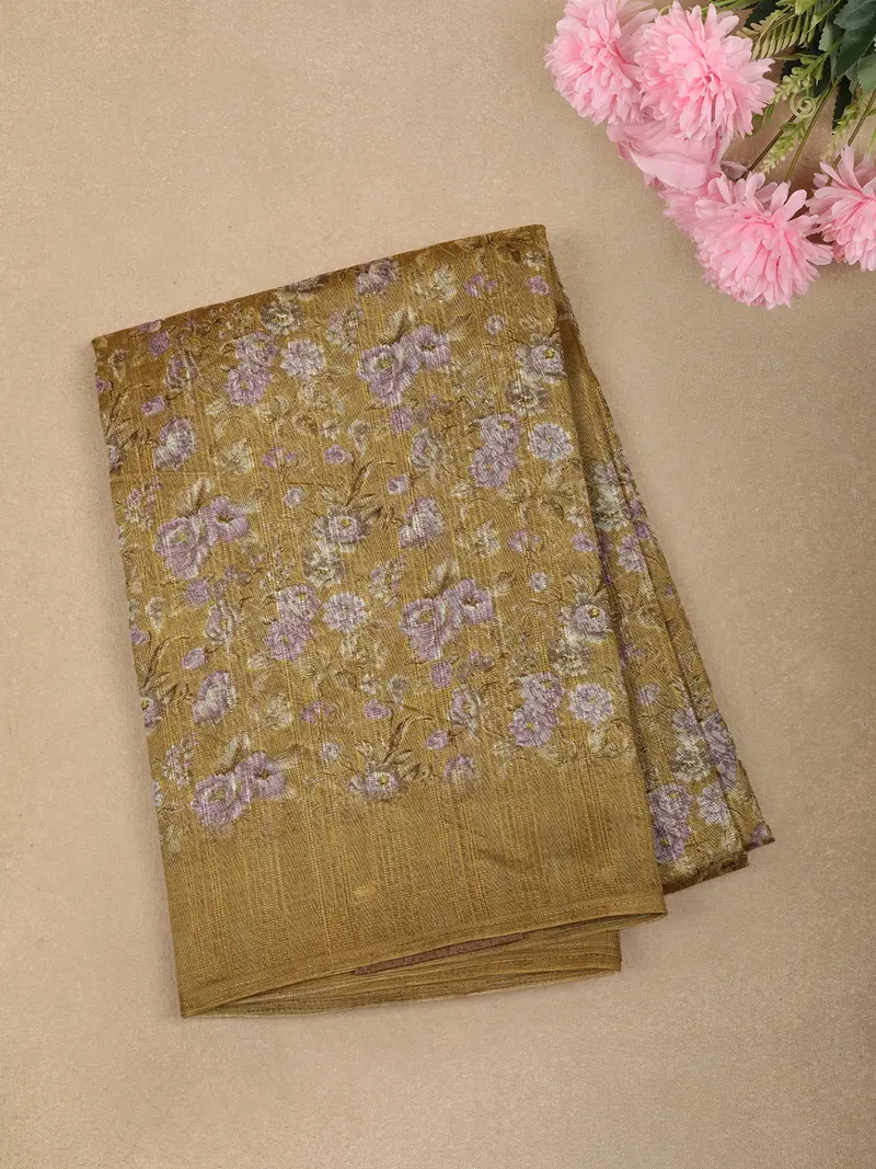 Mustard Yellow Floral Printed Design Linen Cotton Casual Wear Saree 1