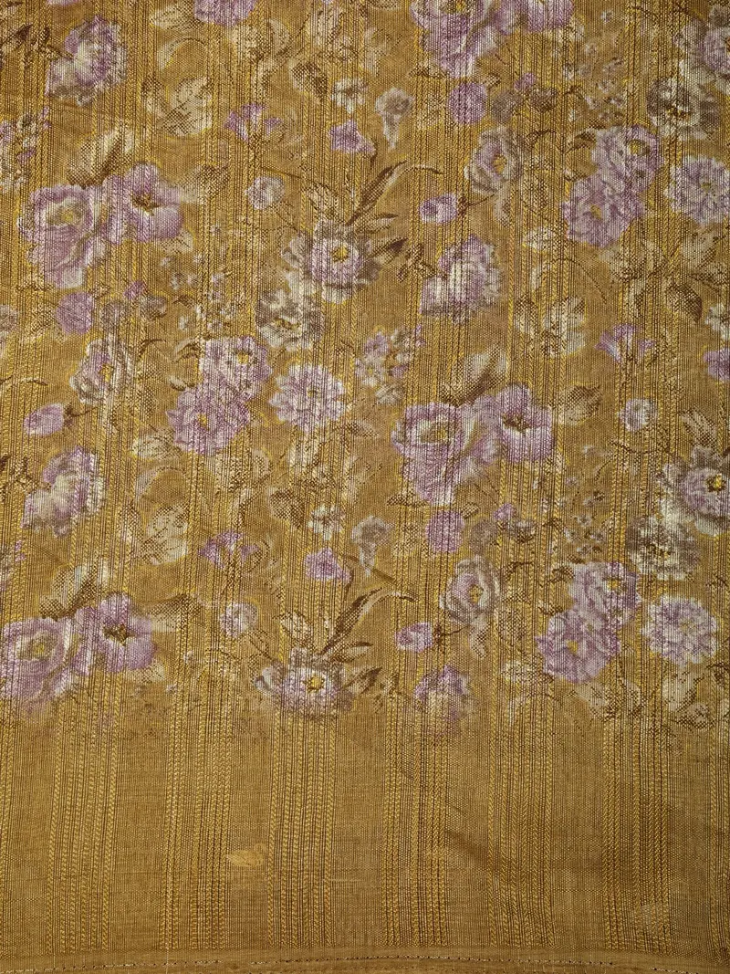 Mustard Yellow Floral Printed Design Linen Cotton Casual Wear Saree 2