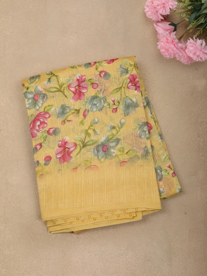 Mustard Yellow Floral Printed Design Mixed Cotton Casual Wear Saree 1