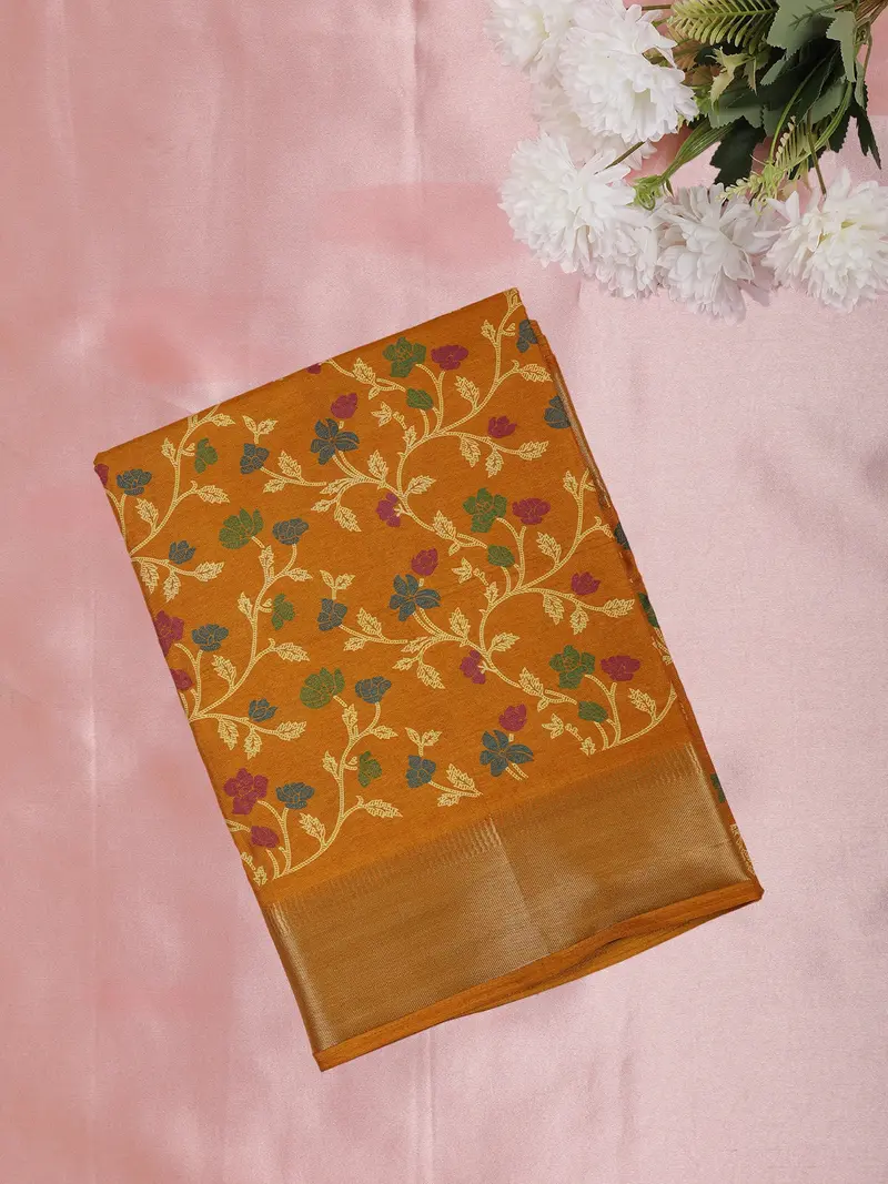 Mustard Yellow Floral Printed Design Mixed Cotton Fancy Saree With Zari Border 1