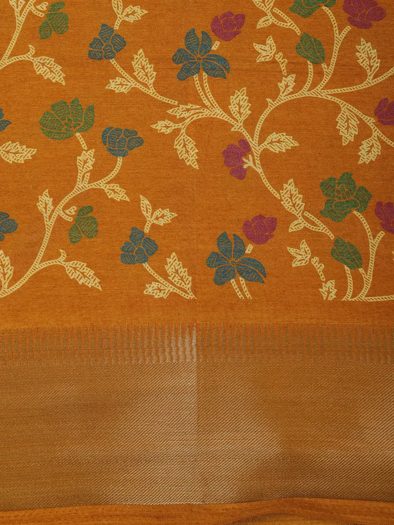 Mustard Yellow Floral Printed Design Mixed Cotton Fancy Saree With Zari Border 2
