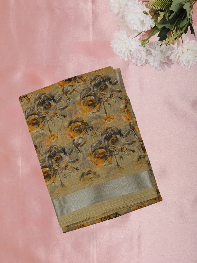 Mustard Yellow Floral Printed Design Mixed Cotton Saree 1
