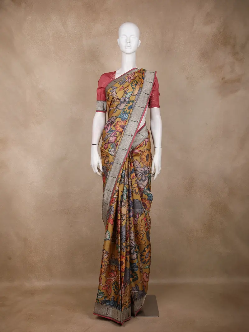 Mustard Yellow Floral Printed Design Pure Tussar Saree With Contrast Zari Border 1