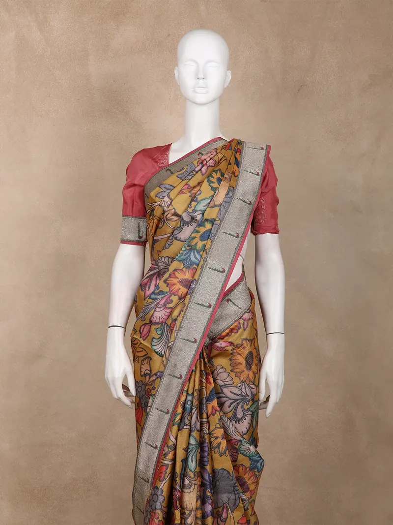 Mustard Yellow Floral Printed Design Pure Tussar Saree With Contrast Zari Border 2