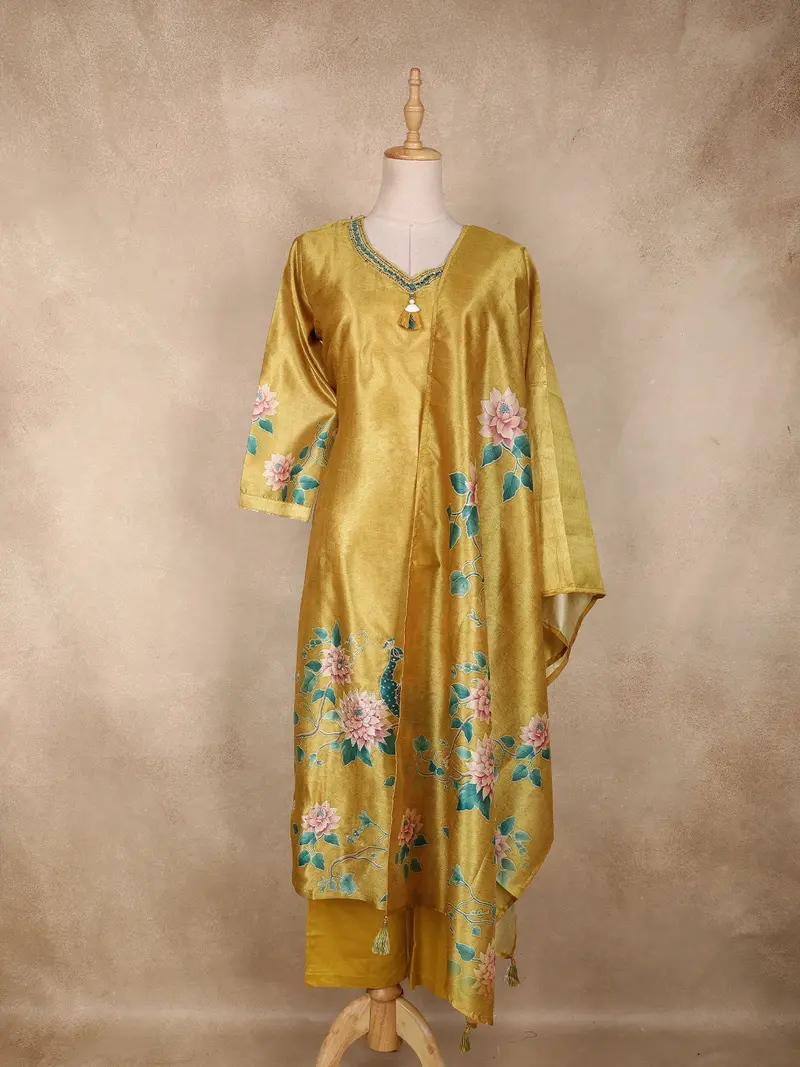 Mustard Yellow Floral Printed Design Tissue Silk Straight Cut Salwar Suit With Dupatta 1