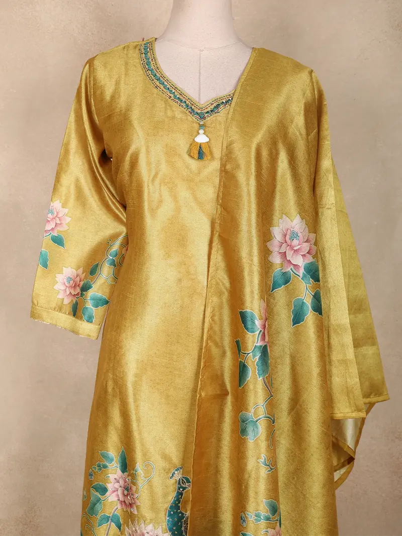 Mustard Yellow Floral Printed Design Tissue Silk Straight Cut Salwar Suit With Dupatta 2