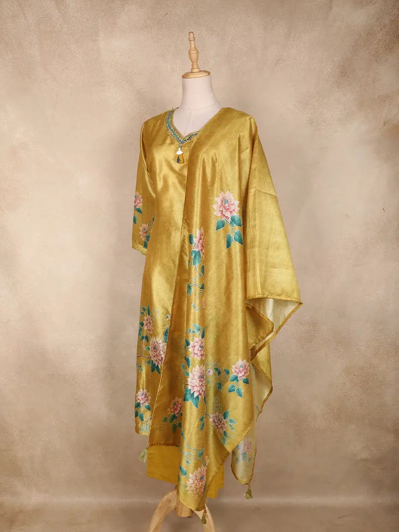Mustard Yellow Floral Printed Design Tissue Silk Straight Cut Salwar Suit With Dupatta 3