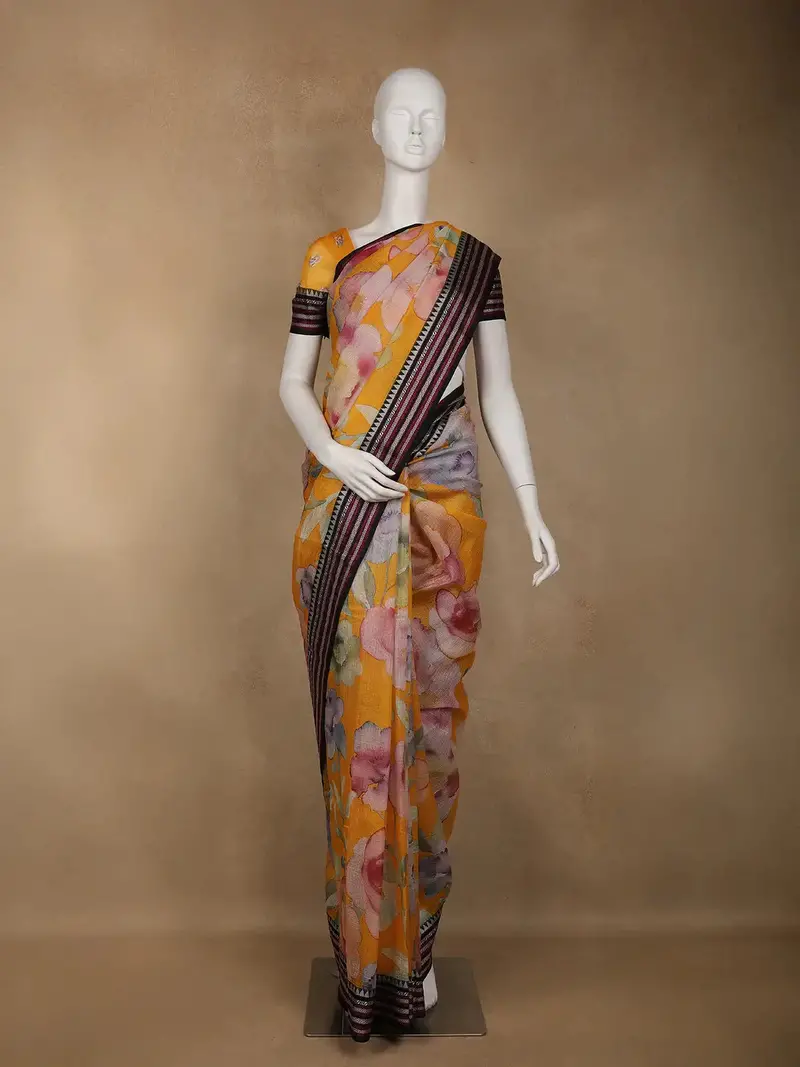 Mustard Yellow Floral Printed Kota Cotton Saree 1