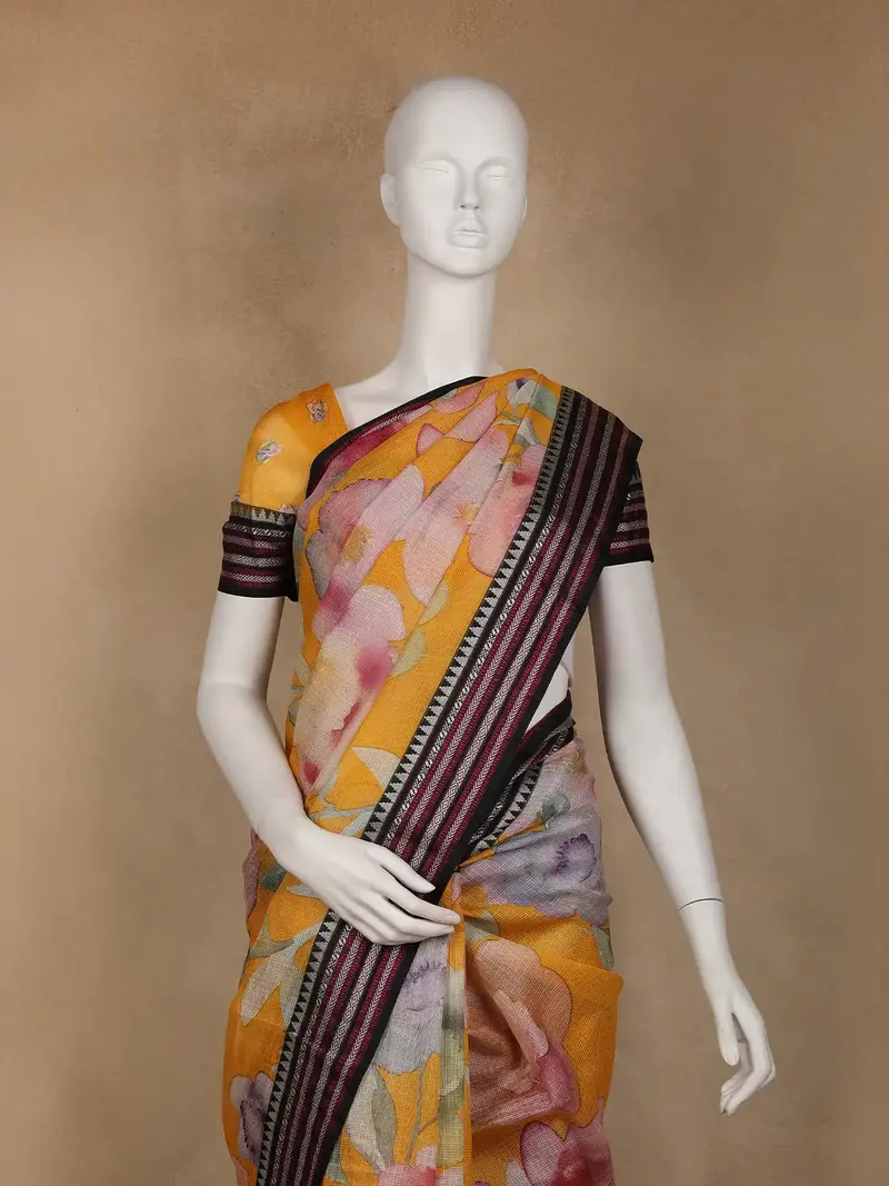 Mustard Yellow Floral Printed Kota Cotton Saree 2