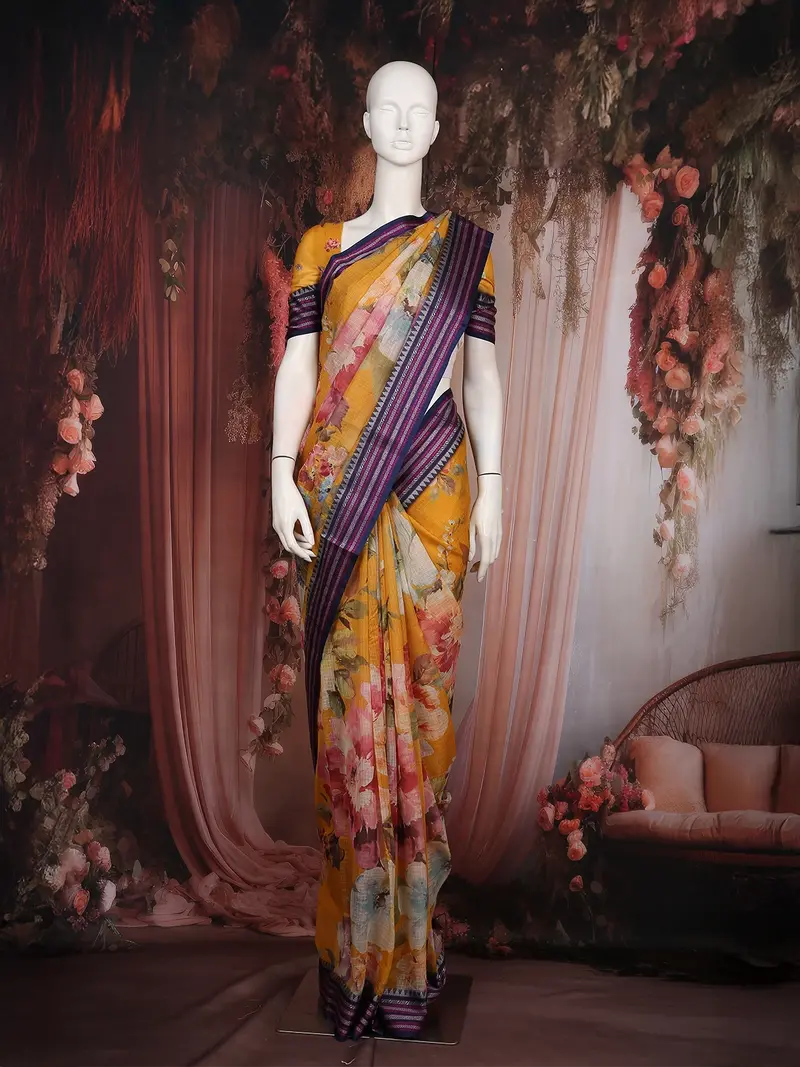 Mustard Yellow Floral Printed Kota Cotton Saree With Contrast Woven Border 1