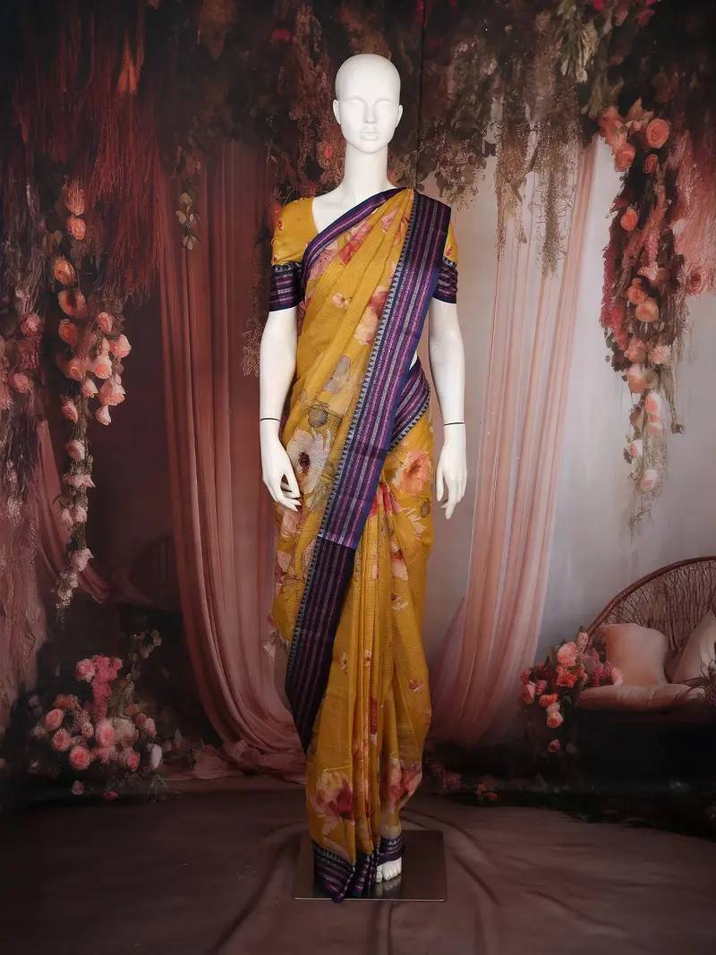 Mustard Yellow Floral Printed Kota Cotton Saree With Contrast Woven Border 1