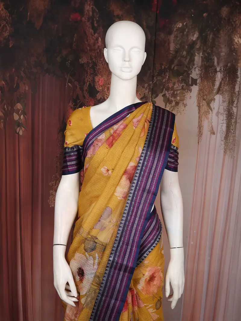 Mustard Yellow Floral Printed Kota Cotton Saree With Contrast Woven Border 2