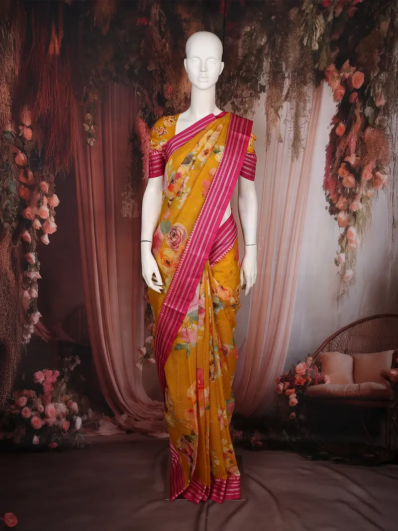 Mustard Yellow Floral Printed Kota Cotton Saree With Pink Contrast Woven Border 1