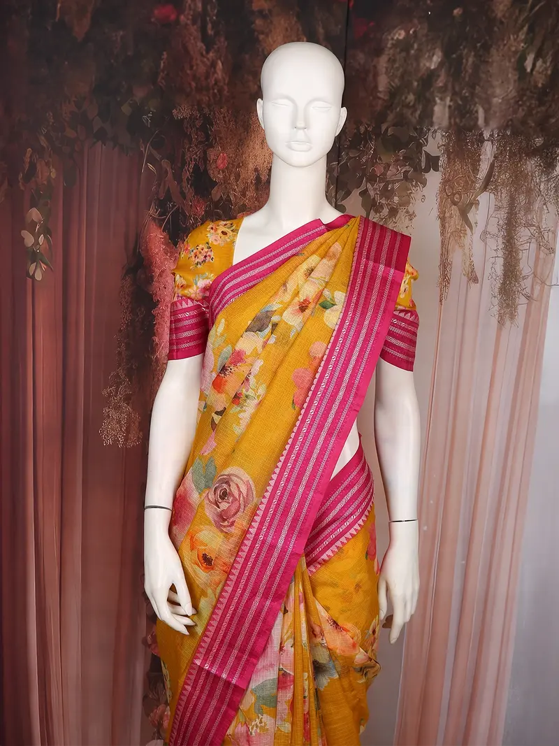 Mustard Yellow Floral Printed Kota Cotton Saree With Pink Contrast Woven Border 2