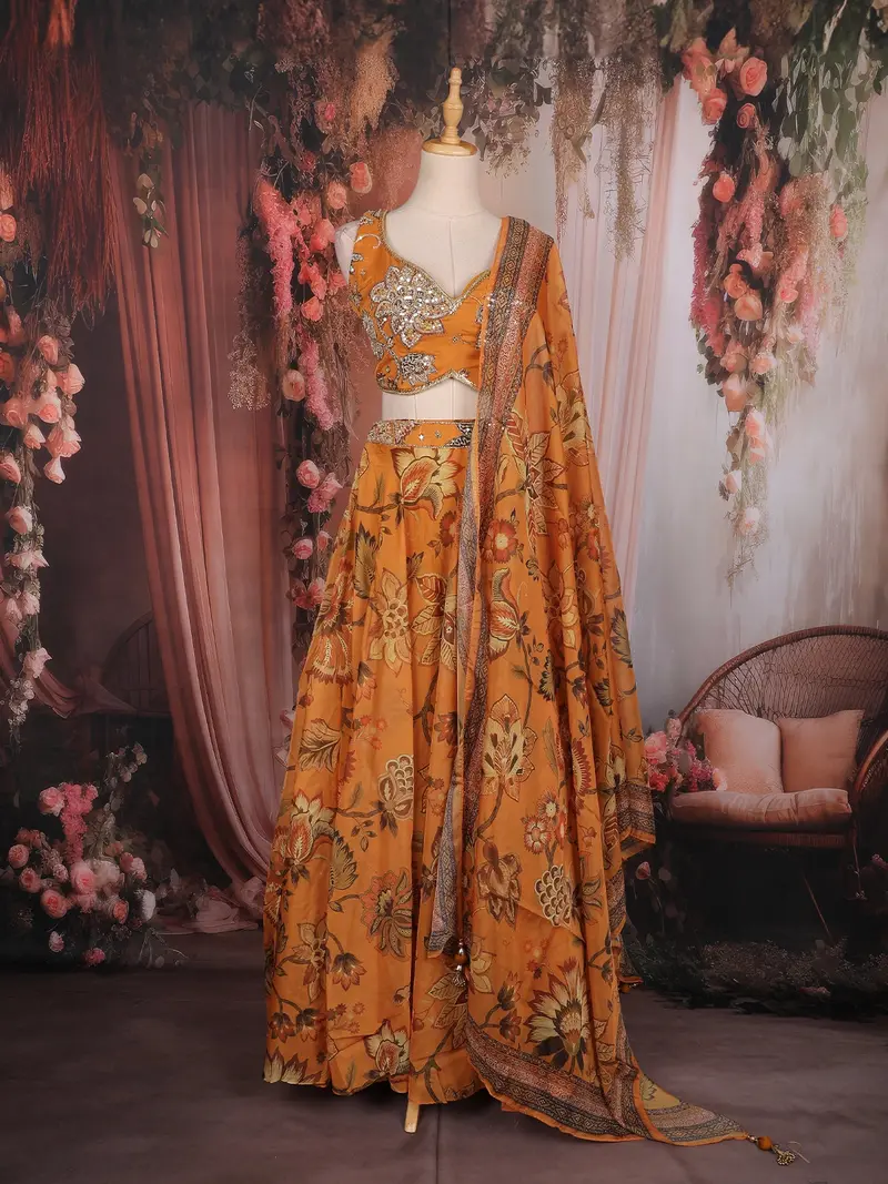 Mustard Yellow Floral Printed Organza Lehenga With Sequins Embroidered Blouse And Dupatta 1