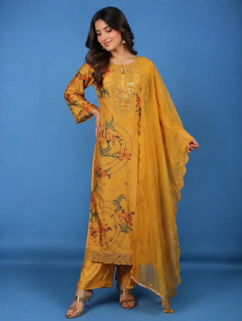 Mustard Yellow Floral Printed Salwar Suit 1