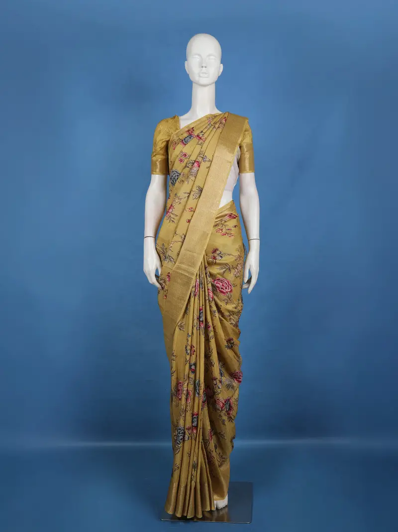 Mustard Yellow Floral Printed Semi Tussar Saree 1