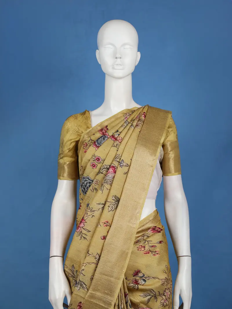Mustard Yellow Floral Printed Semi Tussar Saree 2