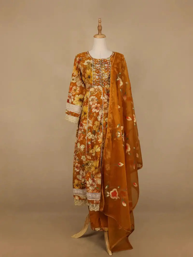 Mustard Yellow Floral Prints Cotton Salwar Suit 1