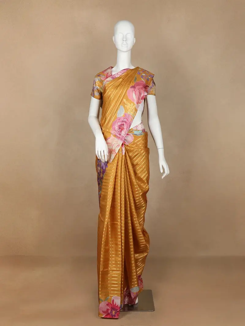 Mustard Yellow Floral Prints Designed Semi Tussar Silk Saree 1