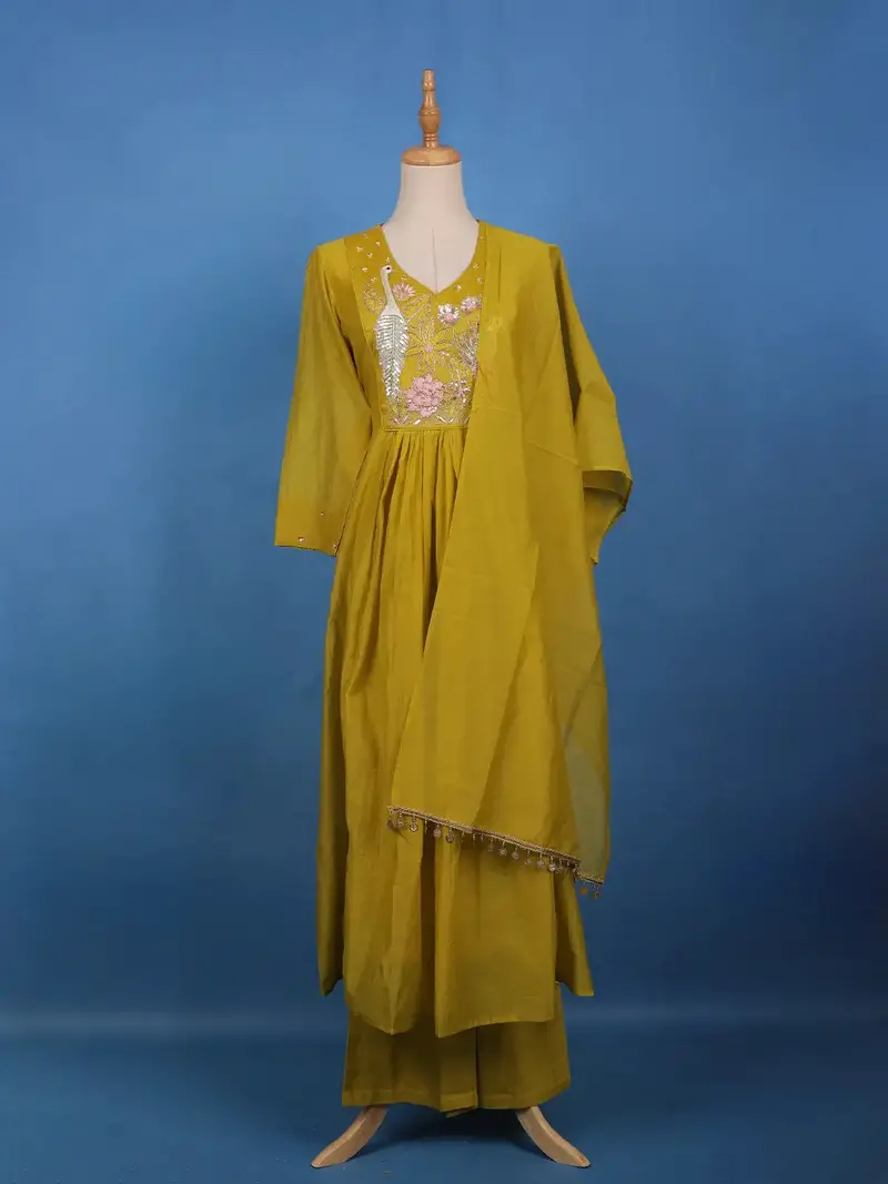 Mustard Yellow Floral Sequin Embroidery Silk Cotton Salwar Suit 1