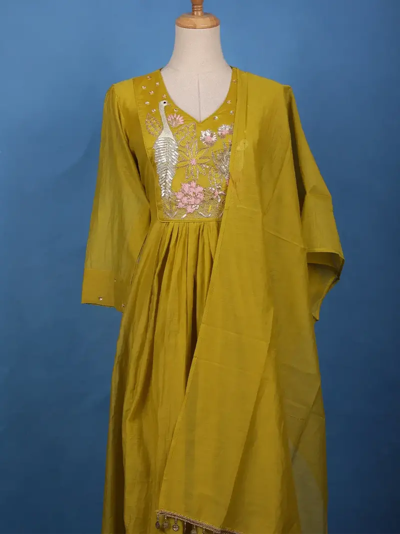 Mustard Yellow Floral Sequin Embroidery Silk Cotton Salwar Suit 2