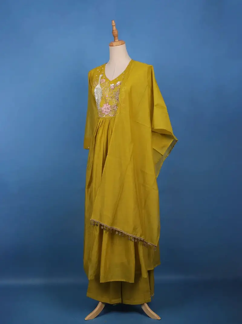 Mustard Yellow Floral Sequin Embroidery Silk Cotton Salwar Suit 3